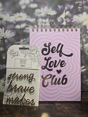 ​1 Set Self Love Club A5 Spiral Notebook & 3 Gold Script Brooches Set
